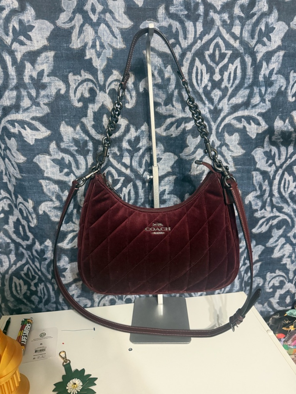 Coach Terry Quilted Velvet Shoulder Bag in Burgundy